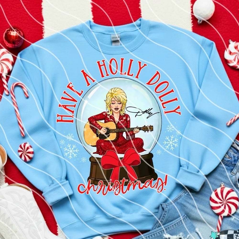 Have a Holly Dolly Christmas Light Blue Sweatshirt Small-3X